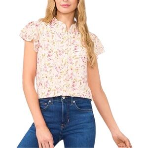 CeCe Sz Small Pink Floral Double Flutter Ruffle Sleeve Button Front Blouse Top